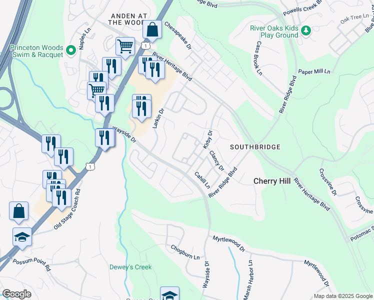 map of restaurants, bars, coffee shops, grocery stores, and more near 17368 Wexford Loop in Dumfries