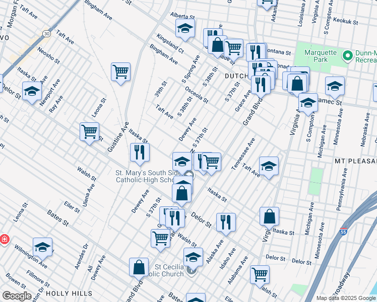map of restaurants, bars, coffee shops, grocery stores, and more near 3702 Neosho Street in St. Louis