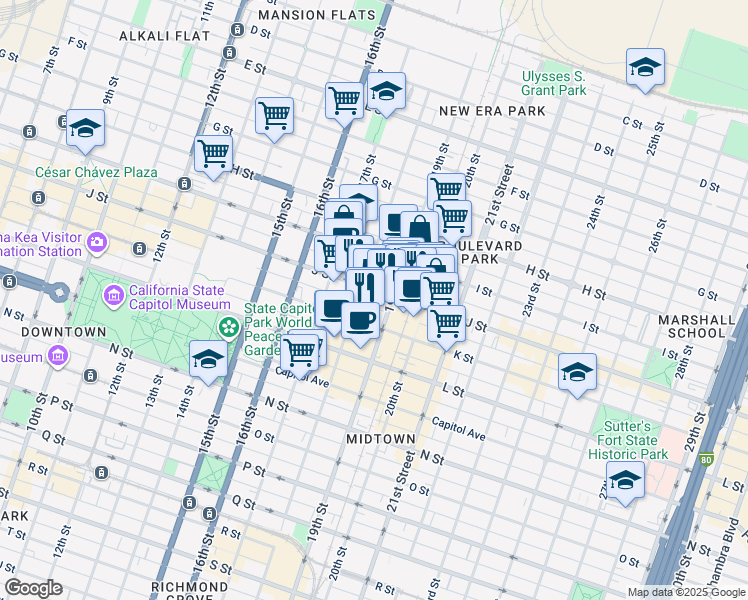 map of restaurants, bars, coffee shops, grocery stores, and more near 1812 J Street in Sacramento