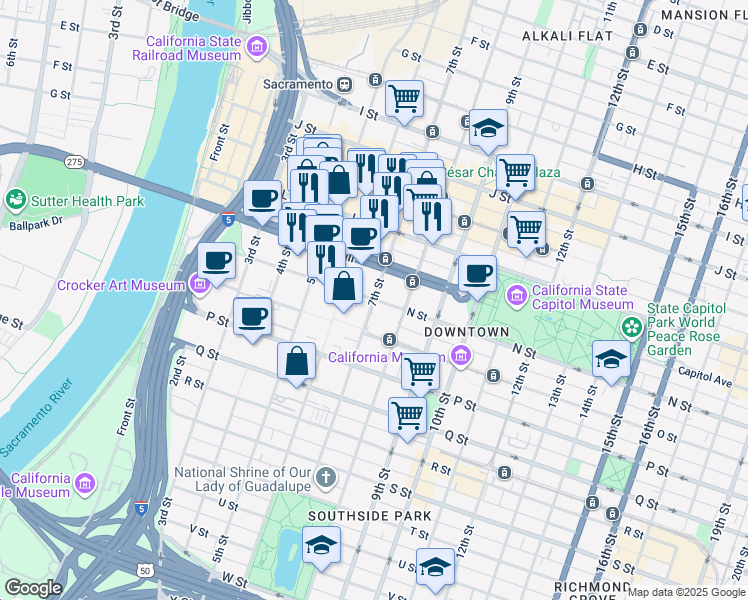 map of restaurants, bars, coffee shops, grocery stores, and more near 700 N St in Sacramento