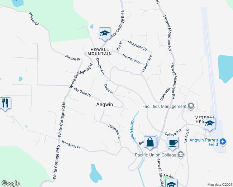 map of restaurants, bars, coffee shops, grocery stores, and more near 75 Sky Oaks Drive in Angwin
