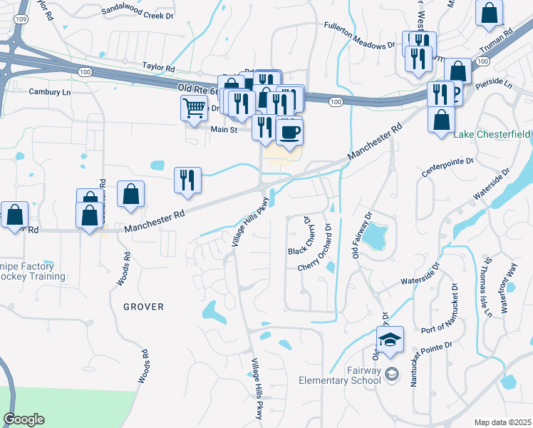 map of restaurants, bars, coffee shops, grocery stores, and more near 103 Oak Park Village Drive in Wildwood