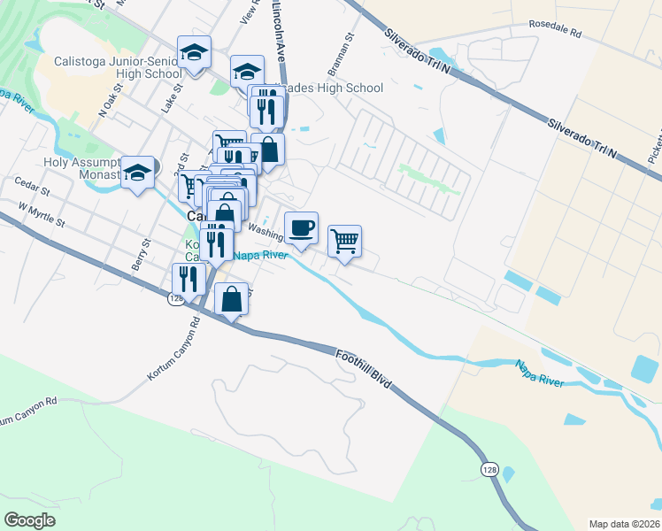 map of restaurants, bars, coffee shops, grocery stores, and more near 515 Washington Street in Calistoga