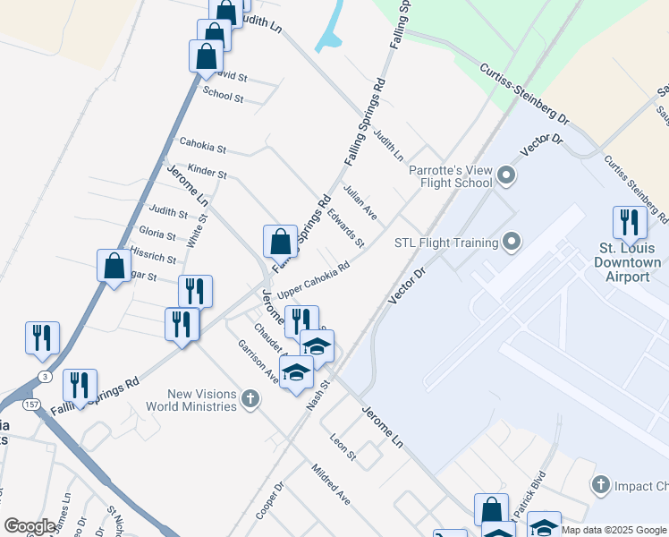 map of restaurants, bars, coffee shops, grocery stores, and more near 1203 Upper Cahokia Road in Cahokia