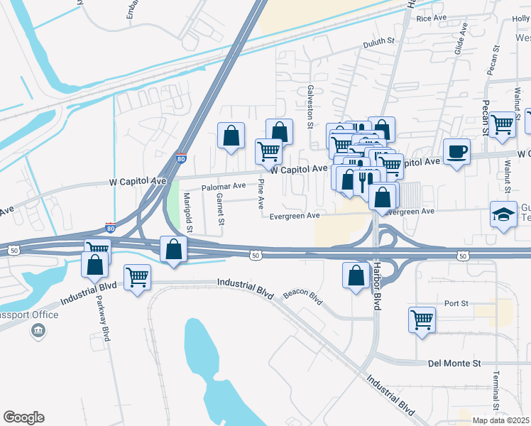 map of restaurants, bars, coffee shops, grocery stores, and more near 3231 Pine Avenue in West Sacramento