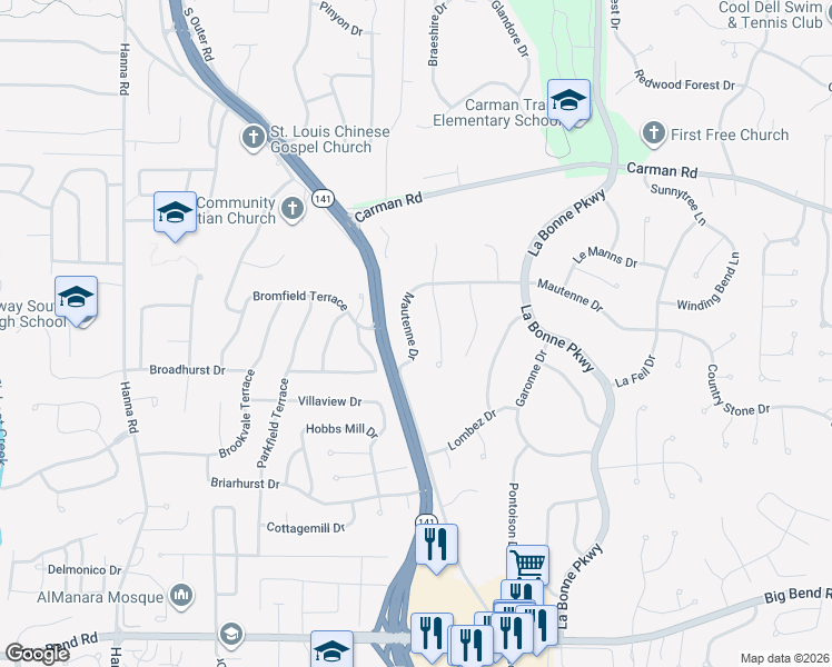 map of restaurants, bars, coffee shops, grocery stores, and more near 1254 Mautenne Drive in Ballwin