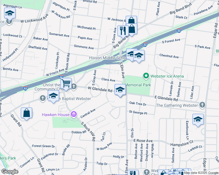 map of restaurants, bars, coffee shops, grocery stores, and more near 37 West Glendale Road in Webster Groves