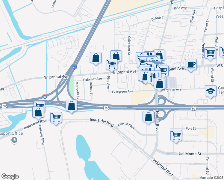 map of restaurants, bars, coffee shops, grocery stores, and more near 3231 Pine Avenue in West Sacramento