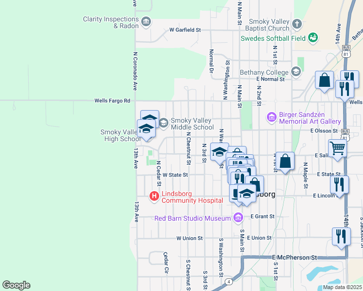 map of restaurants, bars, coffee shops, grocery stores, and more near 321 North Chestnut Street in Lindsborg