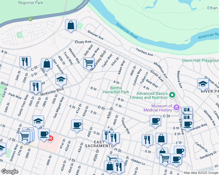 map of restaurants, bars, coffee shops, grocery stores, and more near 121 44th Street in Sacramento