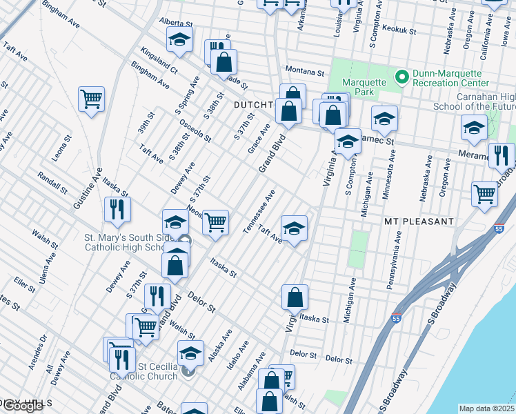 map of restaurants, bars, coffee shops, grocery stores, and more near 4511 Tennessee Avenue in St. Louis