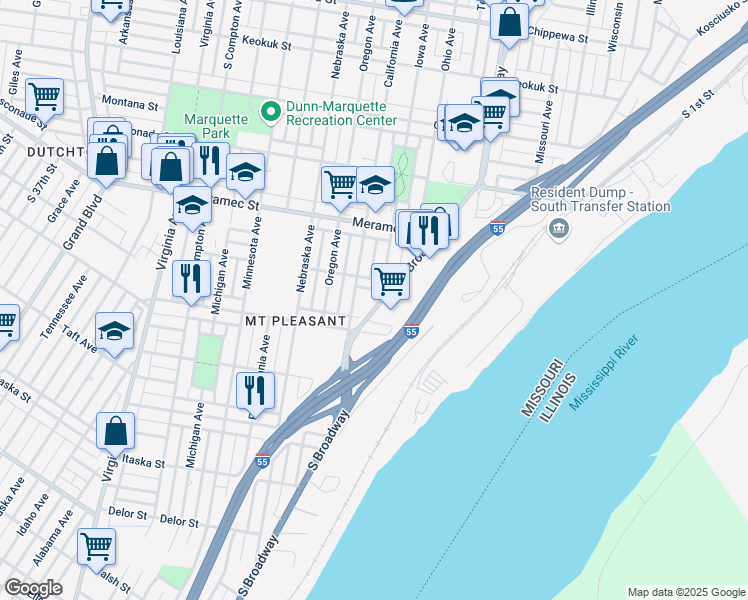 map of restaurants, bars, coffee shops, grocery stores, and more near 4337 South Broadway Street in St. Louis