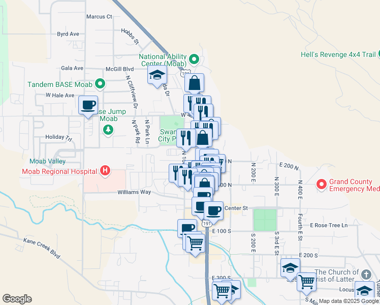 map of restaurants, bars, coffee shops, grocery stores, and more near 236 North 100 West in Moab