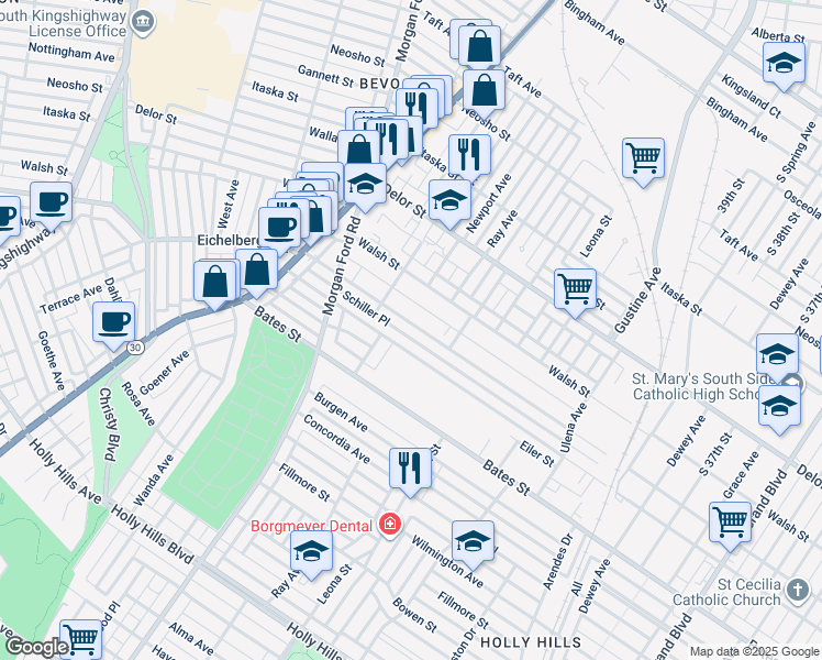 map of restaurants, bars, coffee shops, grocery stores, and more near 4137 Schiller Place in St. Louis