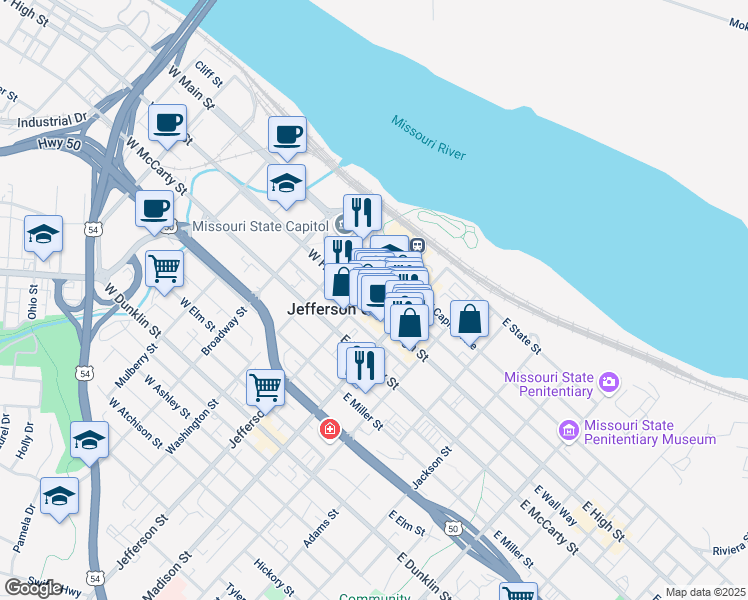 map of restaurants, bars, coffee shops, grocery stores, and more near 105 East High Street in Jefferson City