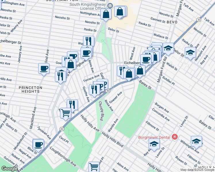 map of restaurants, bars, coffee shops, grocery stores, and more near 4617 Dahlia Avenue in St. Louis