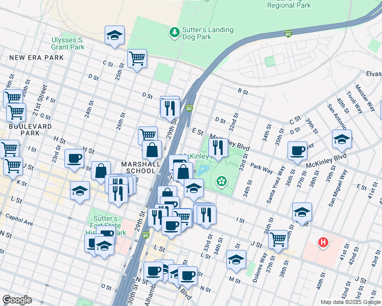 map of restaurants, bars, coffee shops, grocery stores, and more near 600 Alhambra Boulevard in Sacramento