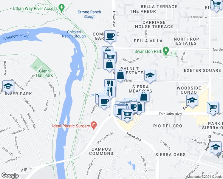 map of restaurants, bars, coffee shops, grocery stores, and more near 623 Howe Avenue in Sacramento