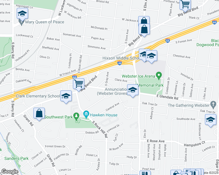 map of restaurants, bars, coffee shops, grocery stores, and more near 4 Brightside Place in Webster Groves