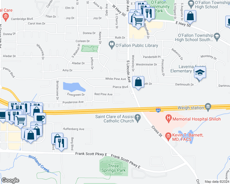 map of restaurants, bars, coffee shops, grocery stores, and more near 1404 English Pine Lane in O'Fallon