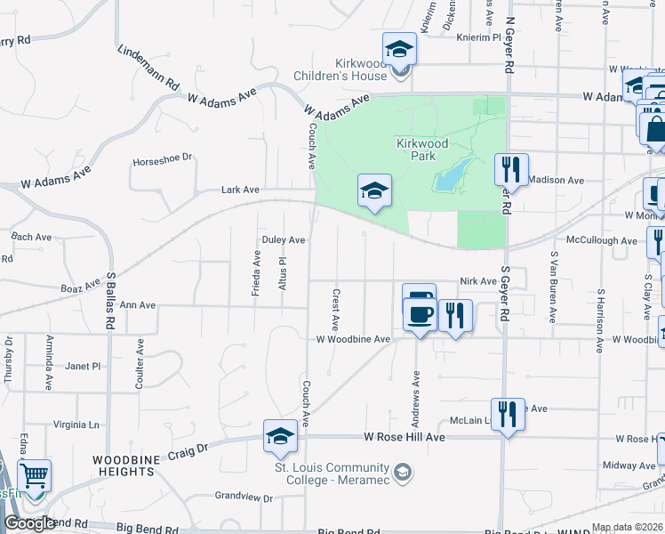 map of restaurants, bars, coffee shops, grocery stores, and more near 337 Crest Avenue in Kirkwood