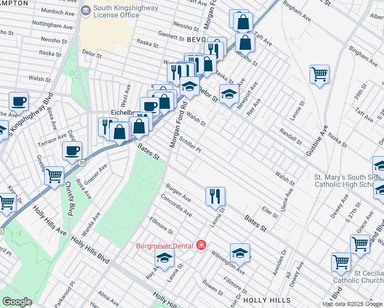 map of restaurants, bars, coffee shops, grocery stores, and more near 4241 Frieda Avenue in St. Louis