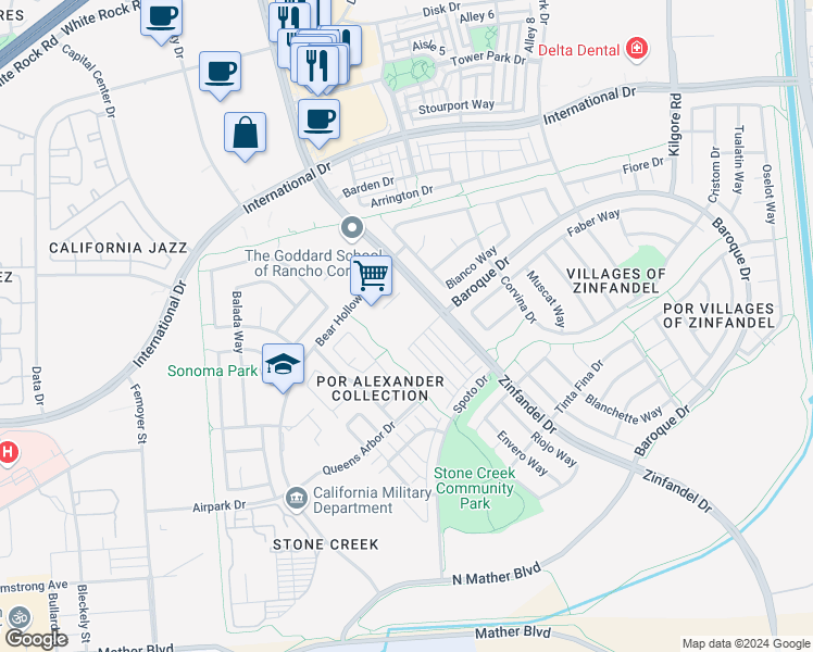 map of restaurants, bars, coffee shops, grocery stores, and more near Zinfandel Dr in Rancho Cordova