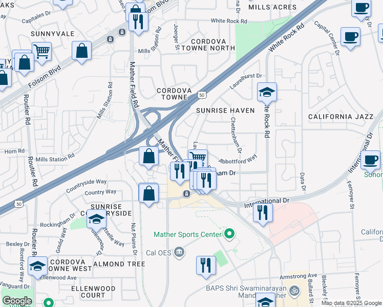 map of restaurants, bars, coffee shops, grocery stores, and more near 3250 Laurelhurst Drive in Rancho Cordova
