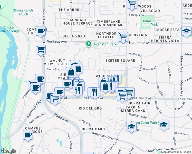 map of restaurants, bars, coffee shops, grocery stores, and more near 2400 Sierra Boulevard in Sacramento