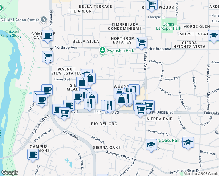 map of restaurants, bars, coffee shops, grocery stores, and more near 2400 Sierra Boulevard in Sacramento