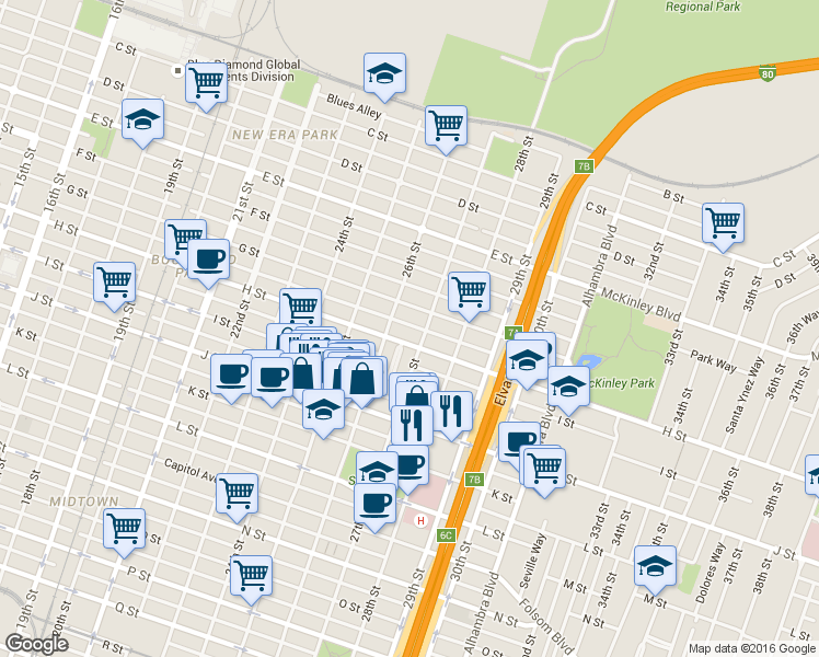map of restaurants, bars, coffee shops, grocery stores, and more near 2623 H Street in Sacramento