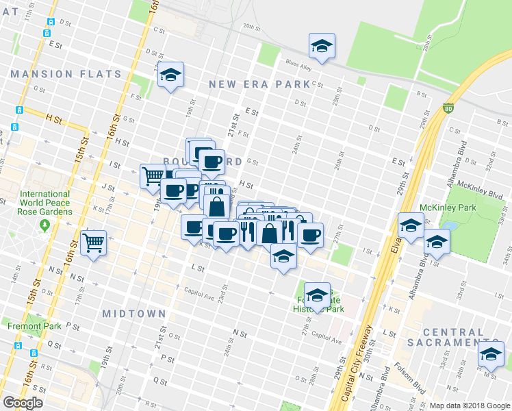 map of restaurants, bars, coffee shops, grocery stores, and more near 2323 I Street in Sacramento