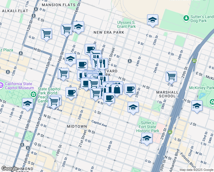 map of restaurants, bars, coffee shops, grocery stores, and more near 2114 I Street in Sacramento