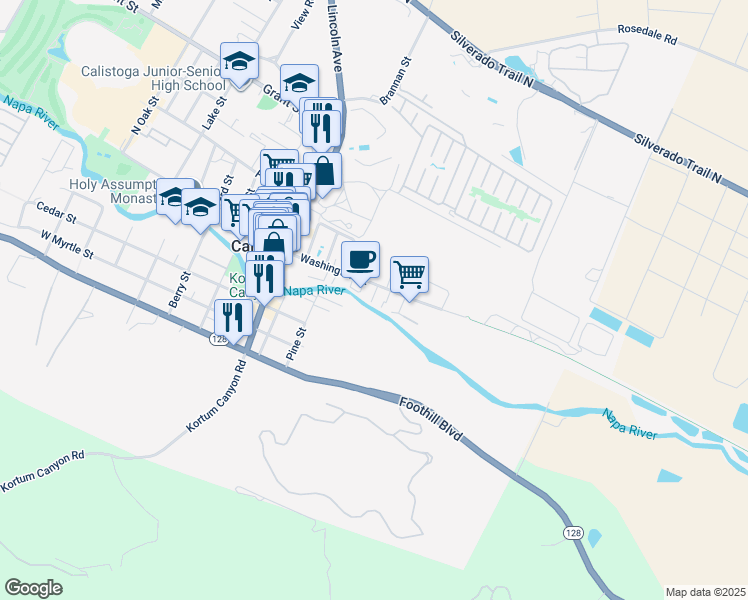 map of restaurants, bars, coffee shops, grocery stores, and more near 713 Washington Street in Calistoga