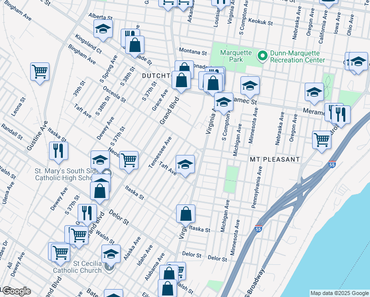 map of restaurants, bars, coffee shops, grocery stores, and more near 4423 Louisiana Avenue in St. Louis