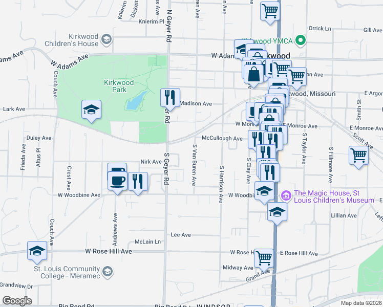 map of restaurants, bars, coffee shops, grocery stores, and more near 419 South Van Buren Avenue in Kirkwood