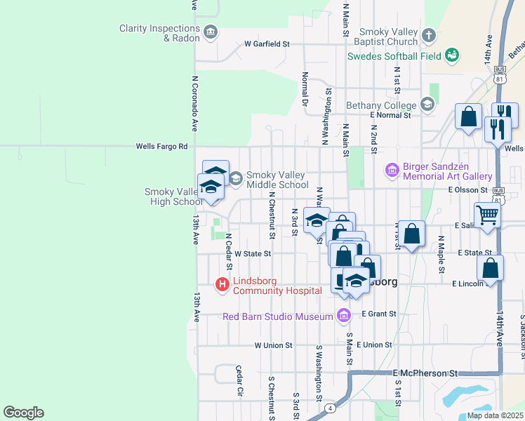 map of restaurants, bars, coffee shops, grocery stores, and more near 321 North Chestnut Street in Lindsborg