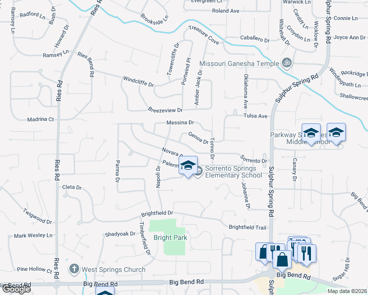 map of restaurants, bars, coffee shops, grocery stores, and more near 378 Sorrento Drive in Ballwin