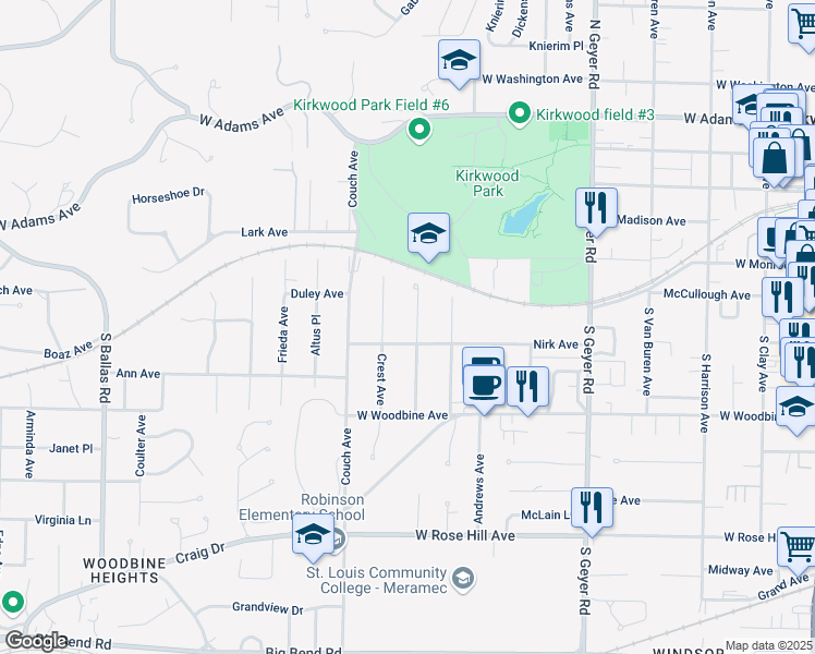 map of restaurants, bars, coffee shops, grocery stores, and more near 337 Caroline Avenue in Kirkwood