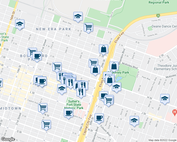 map of restaurants, bars, coffee shops, grocery stores, and more near 2718 G Street in Sacramento