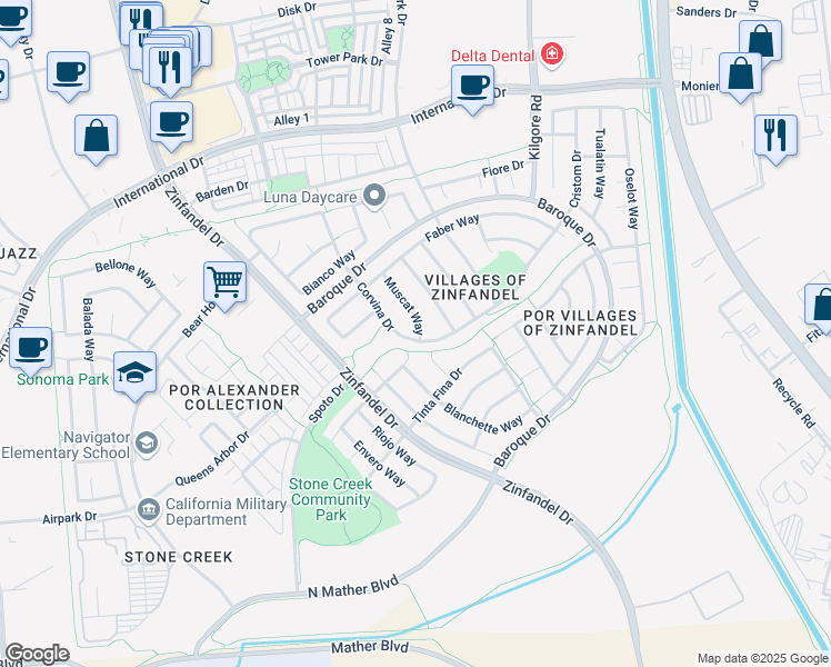 map of restaurants, bars, coffee shops, grocery stores, and more near 3467 Corvina Drive in Rancho Cordova