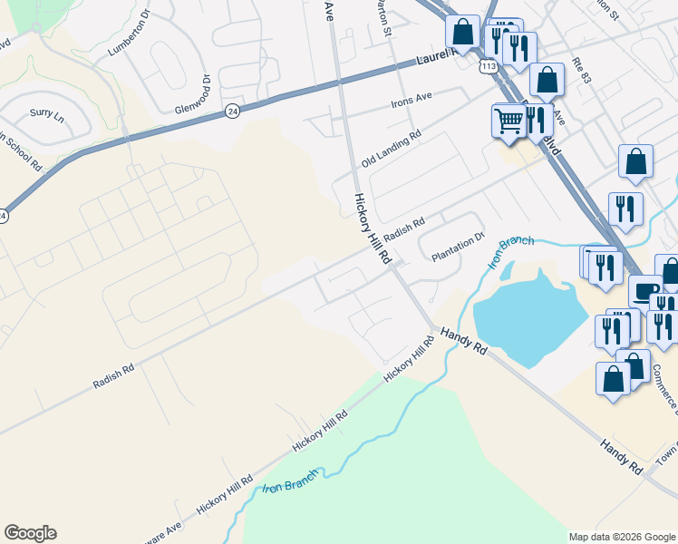 map of restaurants, bars, coffee shops, grocery stores, and more near 135 Sandridge Court in Millsboro