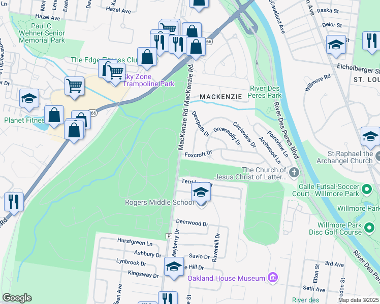 map of restaurants, bars, coffee shops, grocery stores, and more near 7259 Cranston Drive in St. Louis