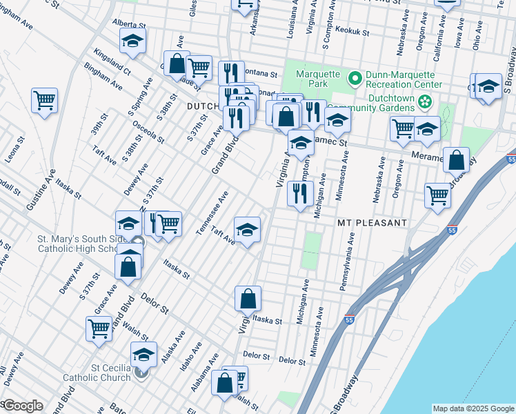 map of restaurants, bars, coffee shops, grocery stores, and more near 4401 Alaska Avenue in St. Louis