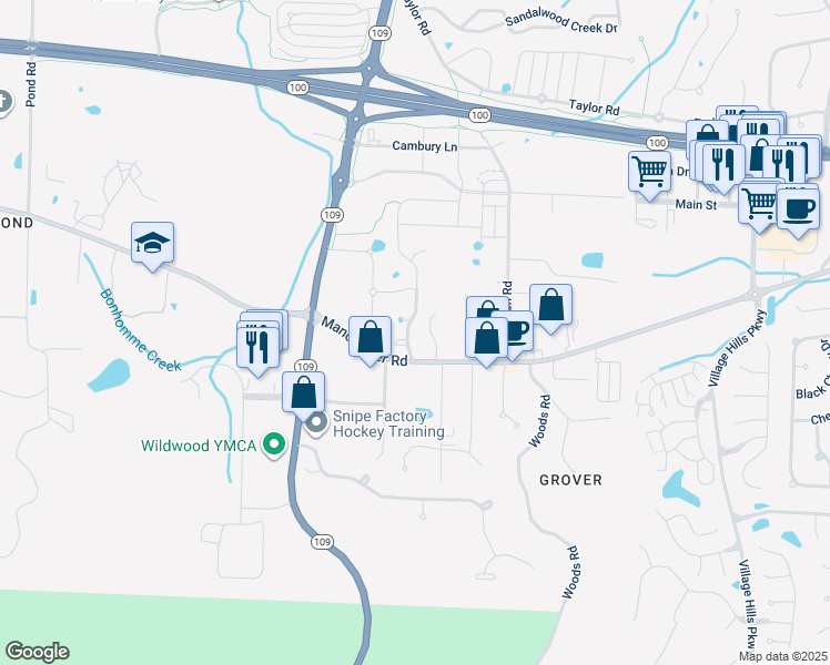 map of restaurants, bars, coffee shops, grocery stores, and more near 2586 Grover Ridge Drive in Wildwood