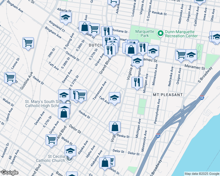 map of restaurants, bars, coffee shops, grocery stores, and more near 4423 Louisiana Avenue in St. Louis