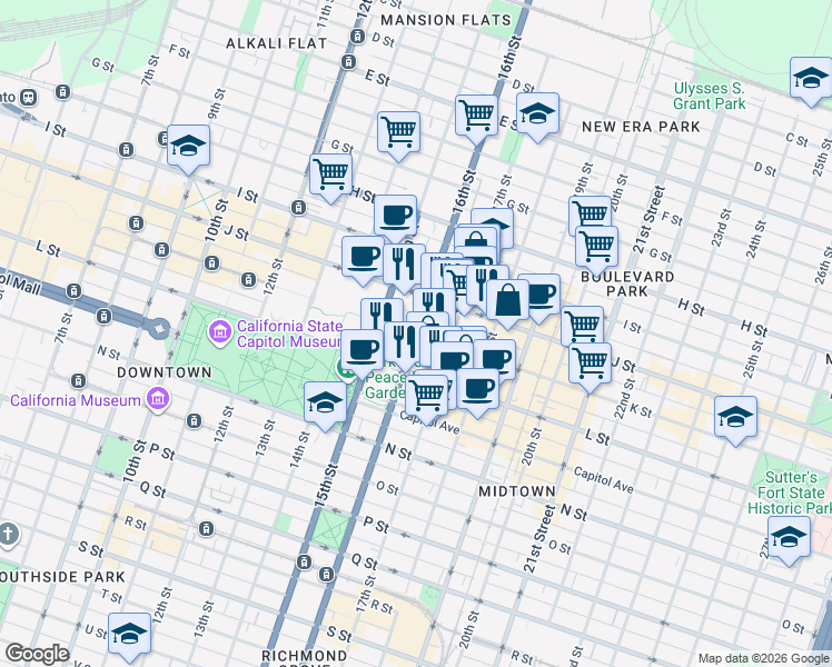 map of restaurants, bars, coffee shops, grocery stores, and more near 16th St & K St in Sacramento