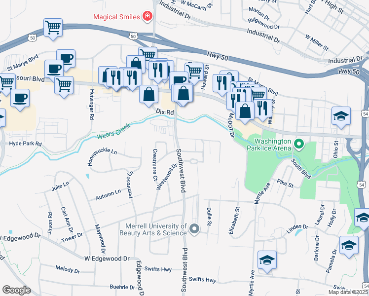 map of restaurants, bars, coffee shops, grocery stores, and more near 837 Southwest Boulevard in Jefferson City