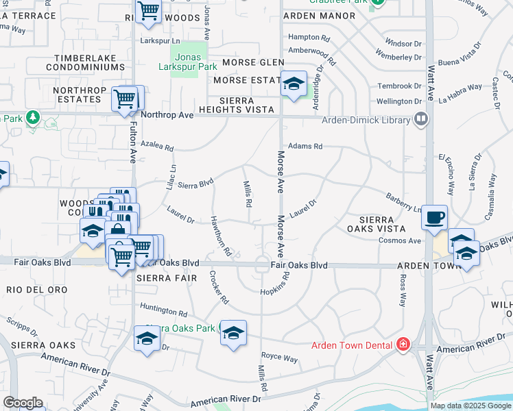 map of restaurants, bars, coffee shops, grocery stores, and more near 630 Mills Road in Sacramento