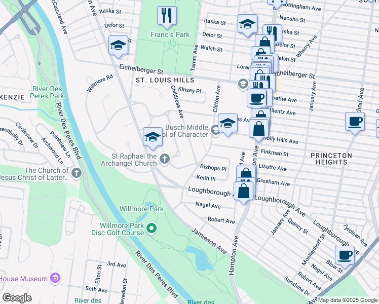 map of restaurants, bars, coffee shops, grocery stores, and more near 6043 Childress Avenue in St. Louis